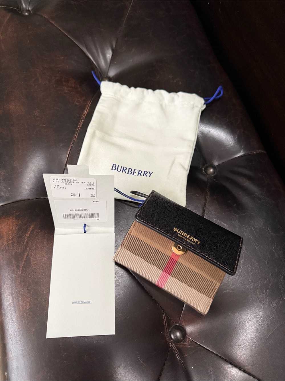 Burberry Black Trim Vintage Check Compact Wallet with Red Stripe